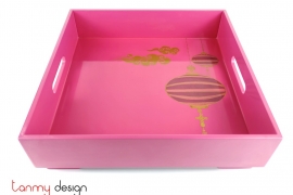 Pink square lacquer tray hand-painted with lantern 32*H9 cm